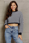 Houndstooth Round Neck Dropped Shoulder Cropped Sweatshirt