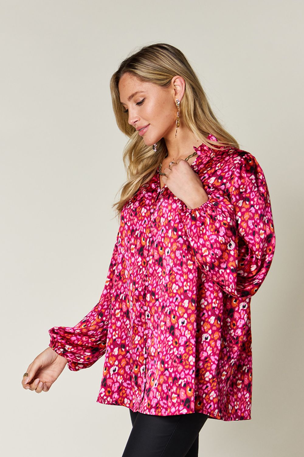 Double Take Full Size Printed Long Sleeve Blouse