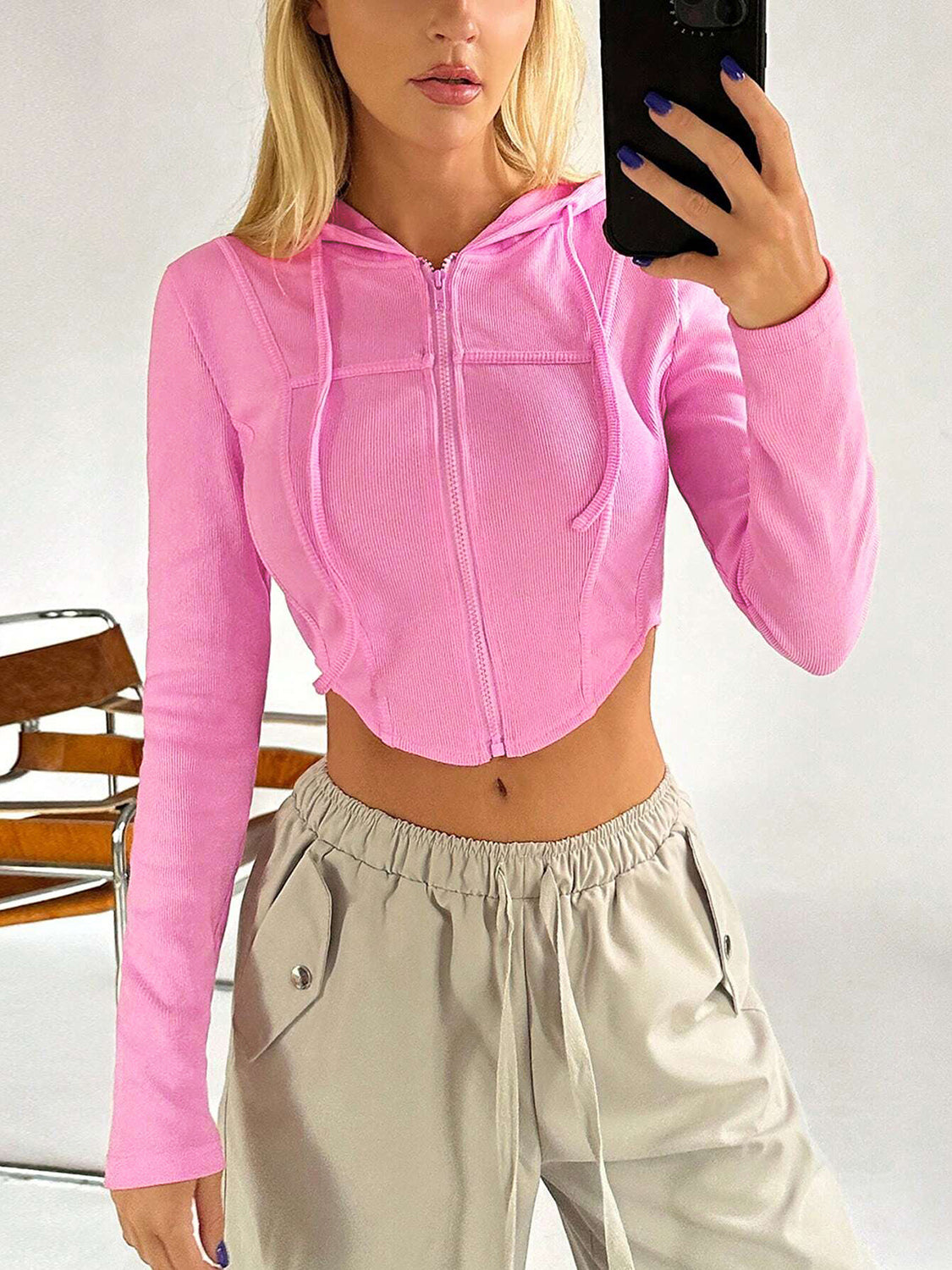 Drawstring Long Sleeve Cropped Hoodie