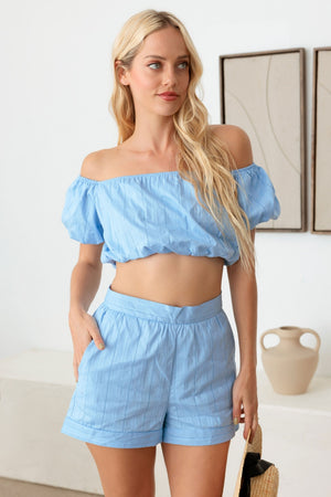 LE LIS COLLECTION Off Shoulder Crop Top and High Waist Shorts Set