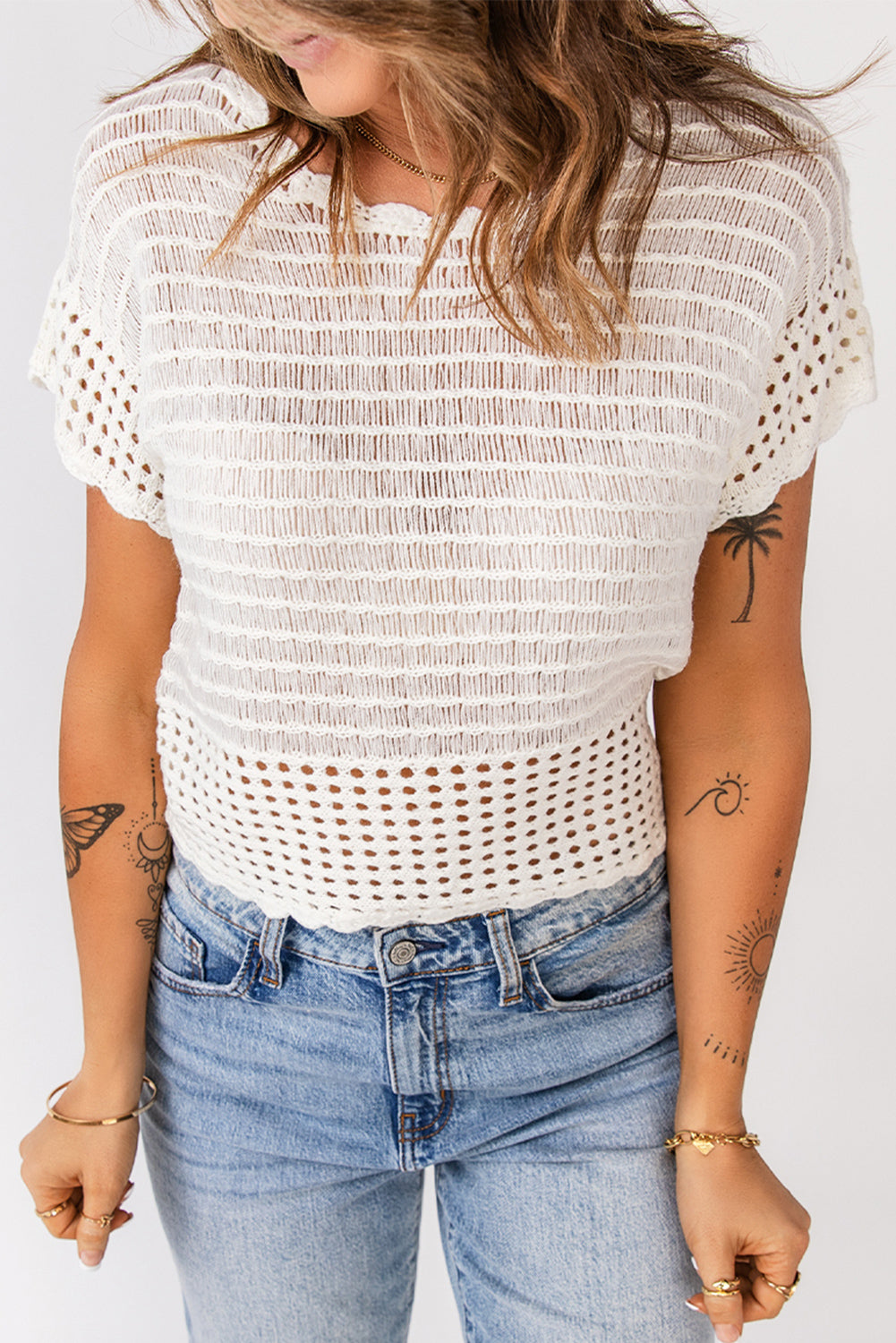 Scalloped Trim Openwork Knit Cropped Top