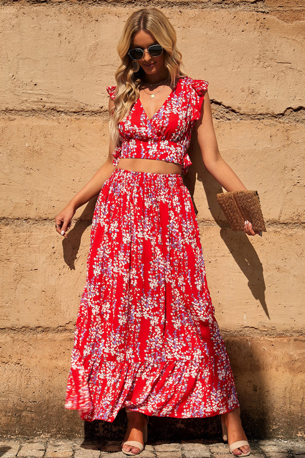 Printed Tie Back Cropped Top and Maxi Skirt Set