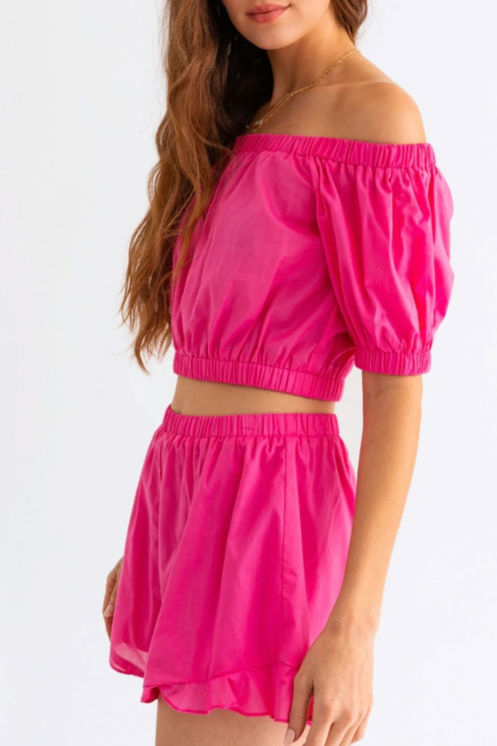 Tasha Apparel Off Shoulder Crop Top and Ruffled Shorts Set